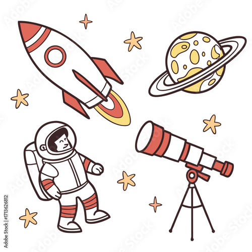 Cartoon Space Exploration Icons Rocket, Astronaut, Telescope, Saturn