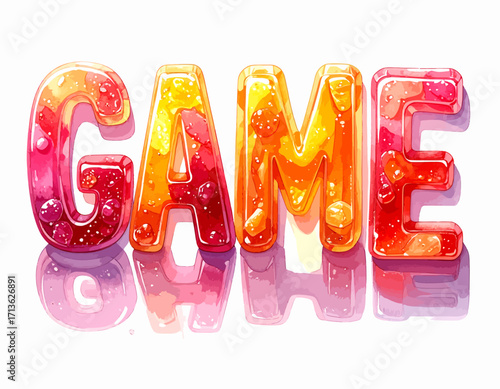 Colorful, glossy "GAME" text with a vibrant, jelly-like appearance and soft shadows isolated on transparent background.