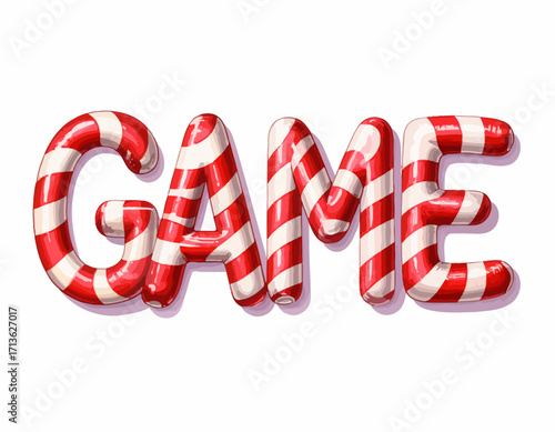 The word "GAME" spelled out with candy cane-striped, 3D-rendered letters isolated on transparent background.