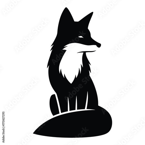 Elegant black fox silhouette sitting gracefully with bushy tail and white chest detail