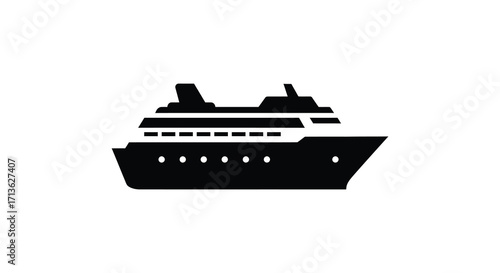 Simple black silhouette of a large cruise ship on a white background