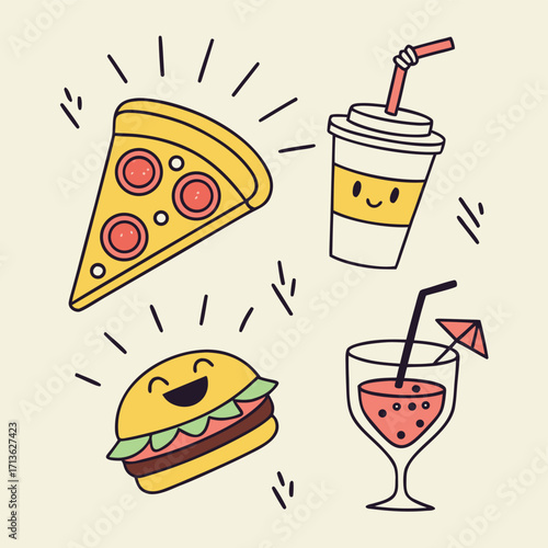 Cute Food Icons with Smiling Faces