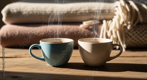 Two steaming cups of coffee on a wooden table with cozy blankets.