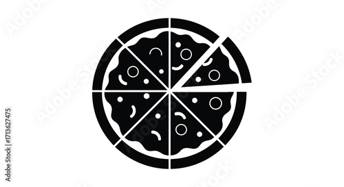 Simple black and white illustration of a circular pizza with missing slice