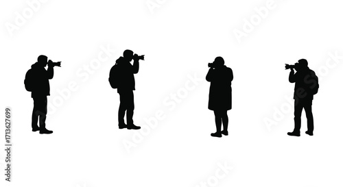 Four photographers in silhouette each aiming a camera toward the viewer