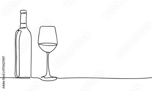 Wine bottle and glass linear drawing