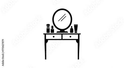 Simple black and white illustration of a vanity with makeup accessories