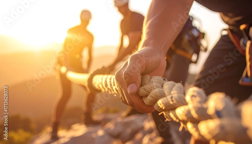 Teamwork and Adventure Climbing Rope Sunset.