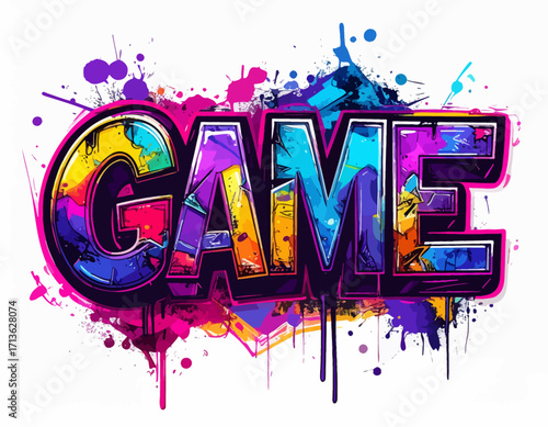 Vibrant, stylized "GAME" word art with colorful paint splatters isolated on transparent background.