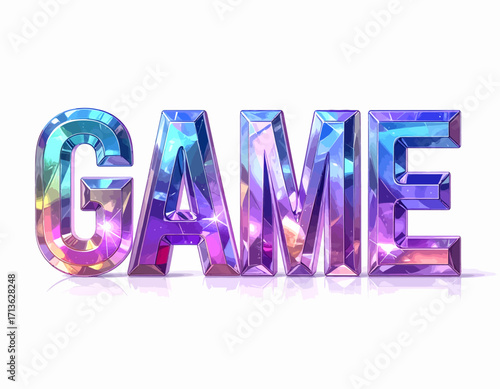 "GAME" text rendered in a colorful, iridescent, faceted, gemstone-like material, casting a shadow on a white surface isolated on transparent background.