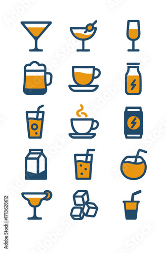 Flat drinks and beverages icon set collection including coffee, juice, beer, cocktail, soda, energy drink, and milk, ideal for bar, café, restaurant, and menu graphic design.  
