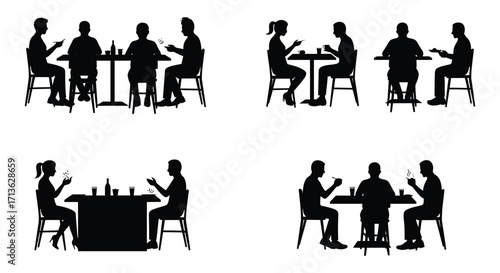 Silhouettes of people sitting at tables enjoying meals together