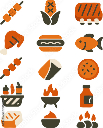 Flat vector BBQ food icon set collection with skewers, corn, ribs, chicken, fish, sausage, grill, fire, and sauce, designed for summer party, restaurant menu, and culinary graphics.  
