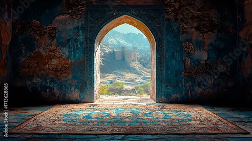 Ancient archway, mountain vista, weathered room, prayer rug