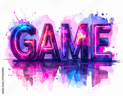 Vibrant, stylized "GAME" lettering with colorful watercolor splatters and reflective surface isolated on transparent background.