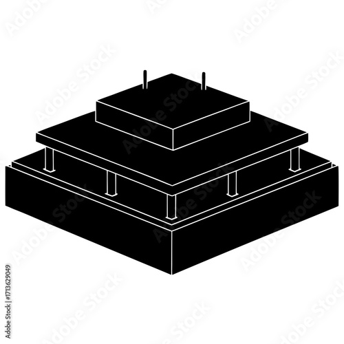Abstract geometric structure with stacked platforms and supporting pillars in isometric view