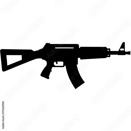 Silhouette of a black assault rifle with a curved magazine on a white background