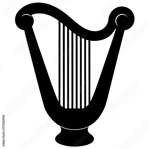 Simple black silhouette of a classical harp with strings on a white background