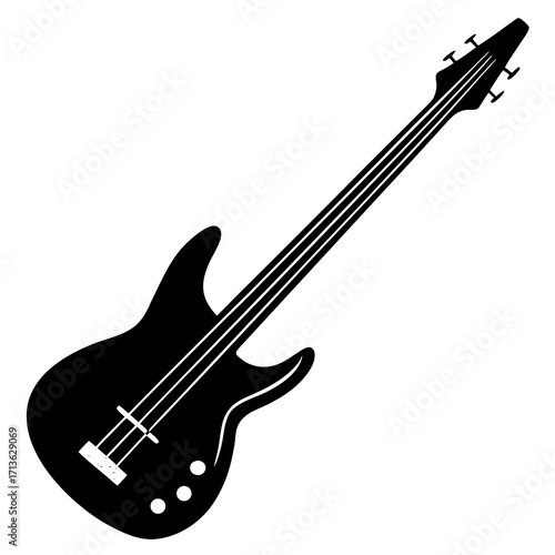 Black silhouette of a four string electric bass guitar on a white background