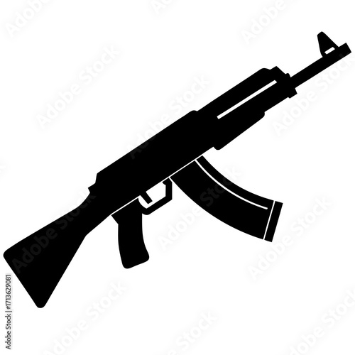 Black silhouette of an ak 47 assault rifle with a curved magazine on a white background