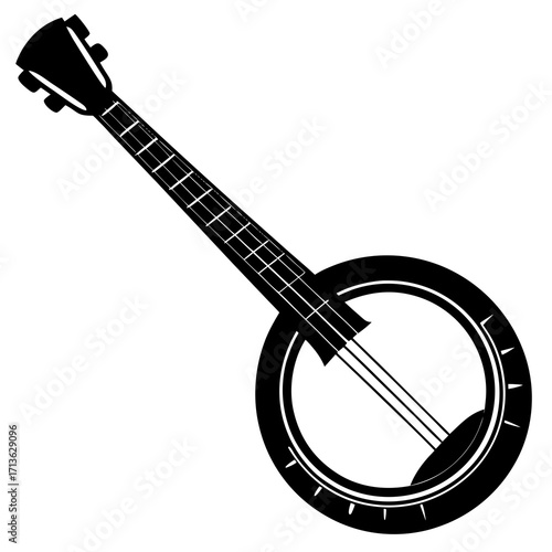 Black silhouette of a banjo musical instrument on a white background