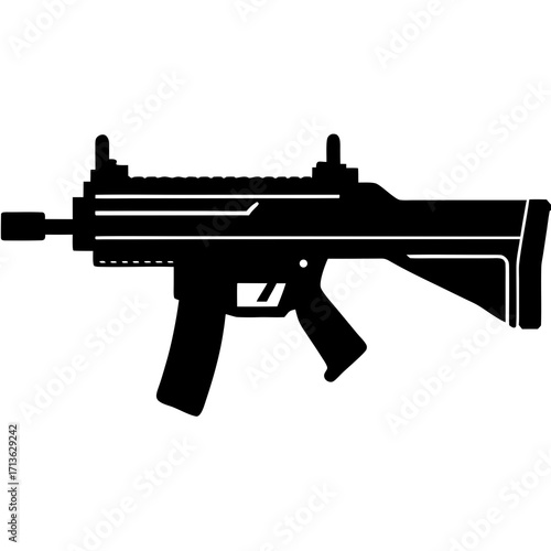 Modern assault rifle silhouette icon black and white vector graphic