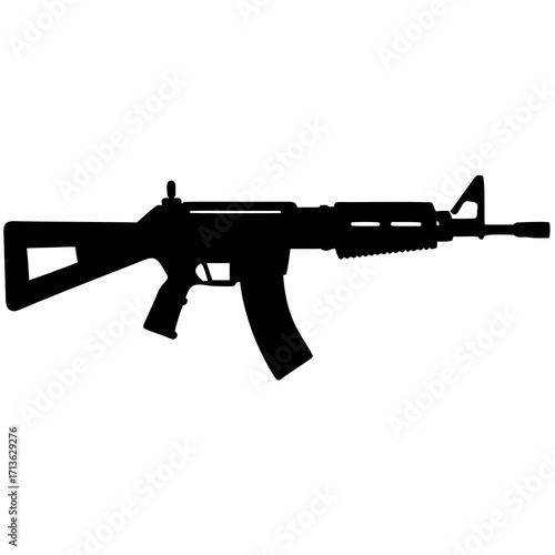 Black silhouette of a modern assault rifle with a curved magazine and adjustable stock on a white background