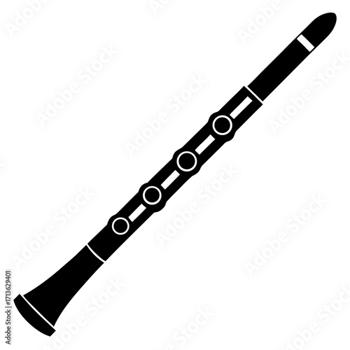 Black silhouette of a clarinet musical instrument with white key rings on a white background
