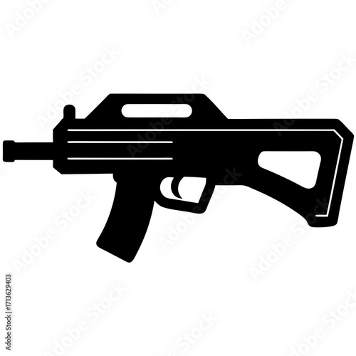 Modern black silhouette of a bullpup assault rifle with a clean design on a white background