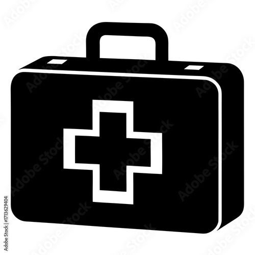 Black first aid kit icon with a white cross on a white background