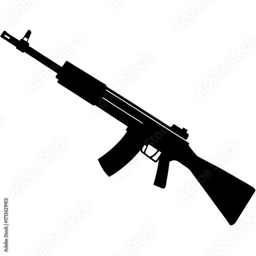 Black silhouette of a modern assault rifle with a curved magazine on a white background