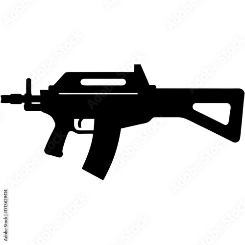 Silhouette of a modern assault rifle with a prominent magazine and skeletal stock