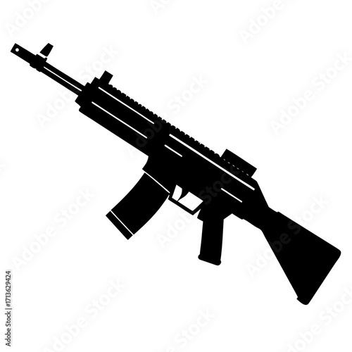 Black silhouette of a modern assault rifle with a magazine and stock on a white background
