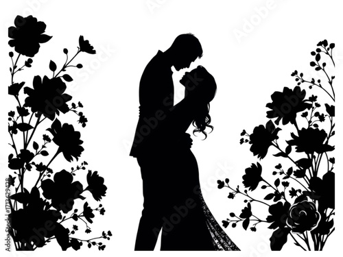 Create an Ethereal Feel with this New Transparent Background Vector Illustration of a Romantic Couple and Two-Sided Floral Accents.