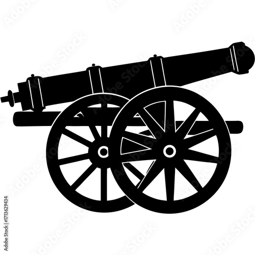Black silhouette of a historical cannon with two large spoked wheels on a white background