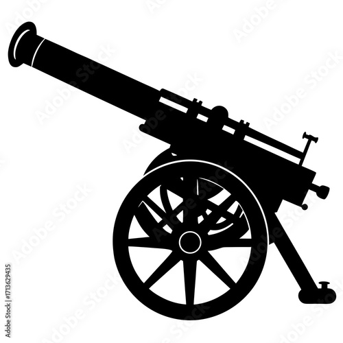 Silhouette of a historical cannon on wheels against a white background