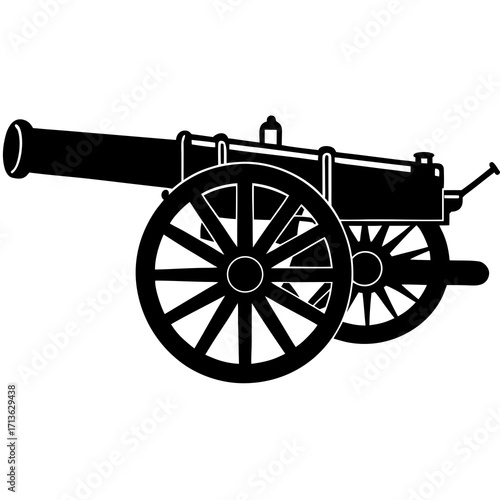 Black silhouette of a vintage cannon on wheels against a white background