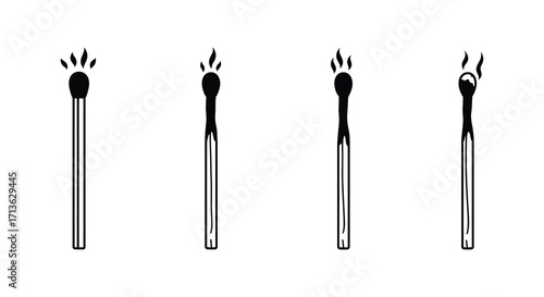 Four matches depicting stages of burning from new to fully lit