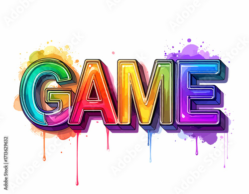 Colorful, 3D "GAME" text with vibrant rainbow hues and watercolor splash effects isolated on transparent background.