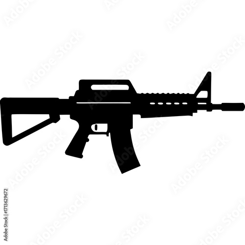 Black silhouette of an assault rifle with a carrying handle and detachable magazine isolated on a white background