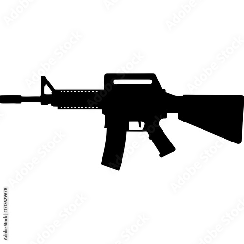 Black silhouette of a modern assault rifle on a white background