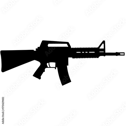 Silhouette of an assault rifle with a carrying handle and magazine on a white background