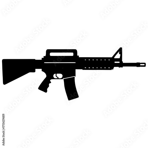 Black silhouette of an assault rifle with a carrying handle and magazine isolated on a white background