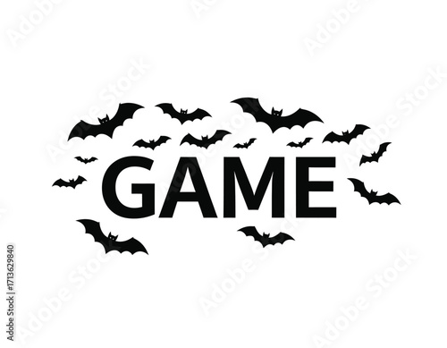 Bats swarm around the word "GAME," creating a spooky isolated on transparent background, Halloween-themed graphic.