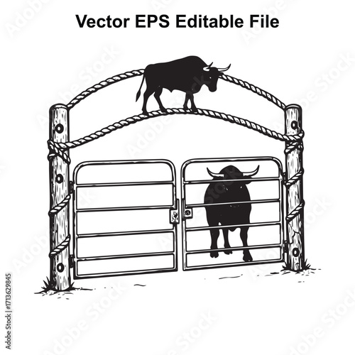 Vector art of bull standing on top of gate, another bull behind gate