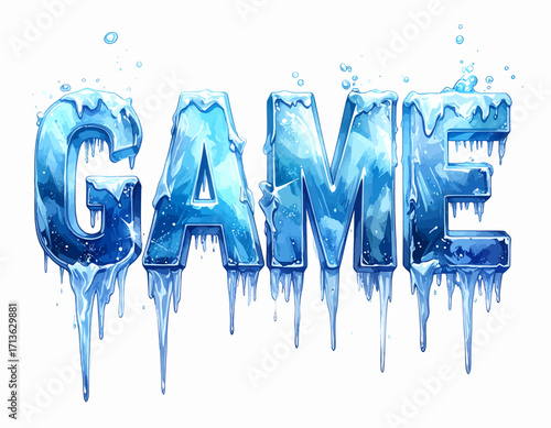 A stylized illustration of the word "GAME" crafted from ice, dripping and melting isolated on transparent background.