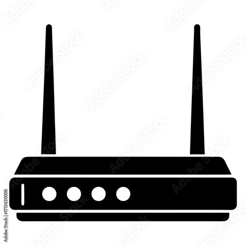 A simple black icon of a wireless router with two antennas and indicator lights on a white background