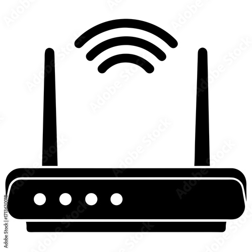 Black silhouette of a wireless router with antennas and signal waves