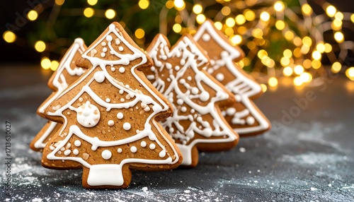 Festive gingerbread Christmas tree cookies against a backdrop of twinkling lights