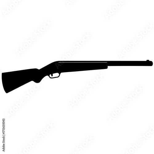 Black silhouette of a hunting shotgun with a wooden stock and long barrel on a white background